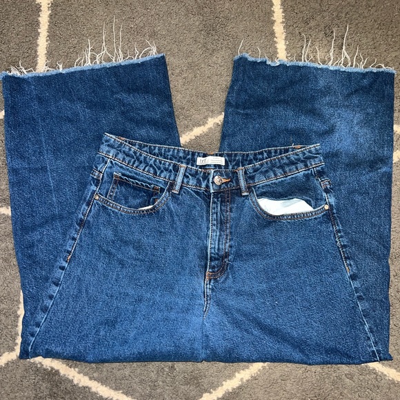 Zara TRF Hi-Rise Culotte Wide Leg Raw Hem Blue Jeans Size 8 - Picture 5 of 8